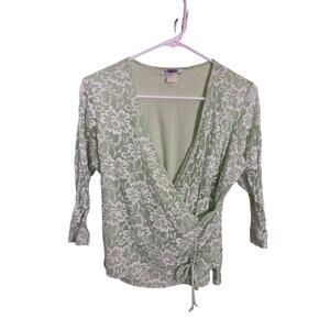Vintage 90s Pastel Green Lace Blouse Women’s Large Spring Easter Top